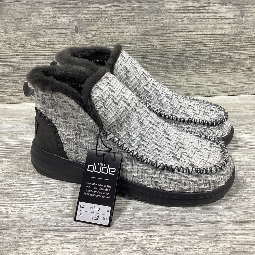 NEW Hey Dude Women's Denny Cozy Lined Booties Slippers Gray White Tweed Size 10